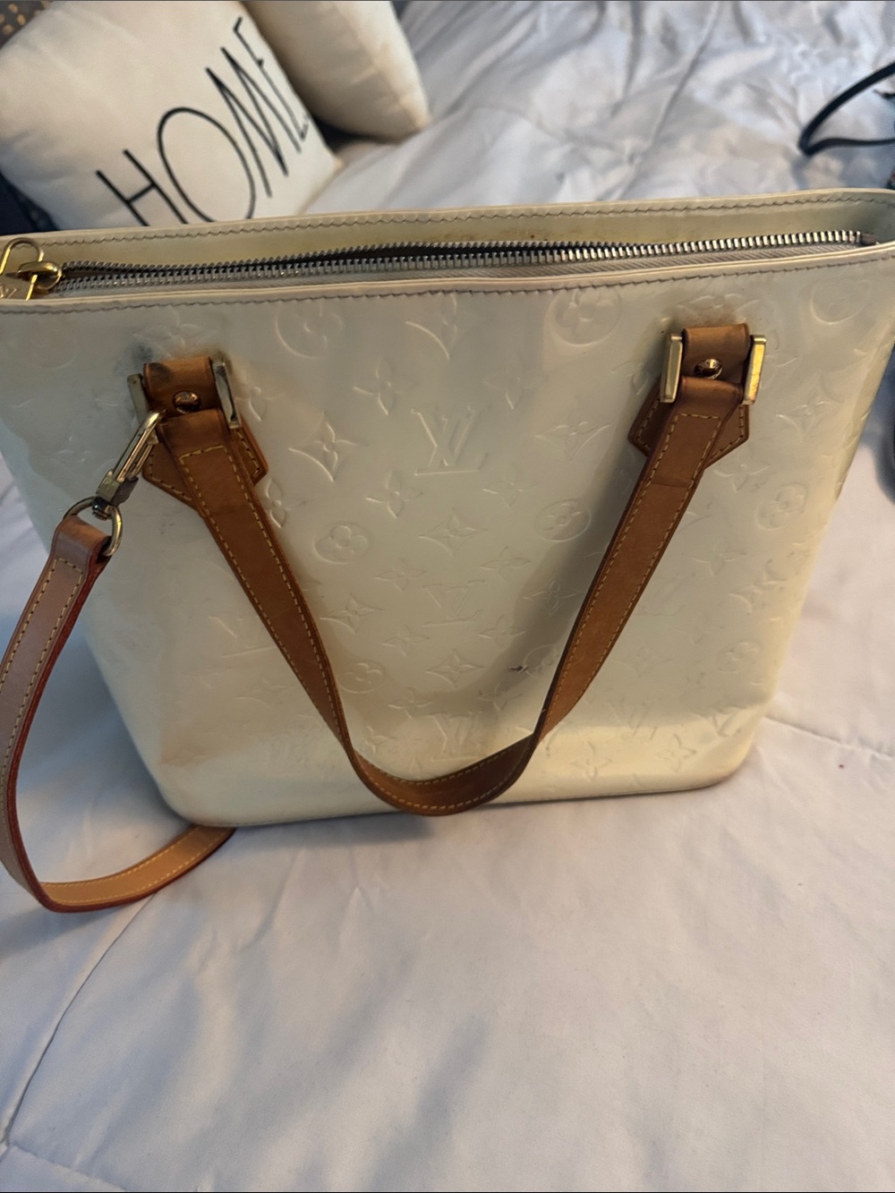 Louis Vuitton Cream Patent Vernis Tote with Tan Strap
